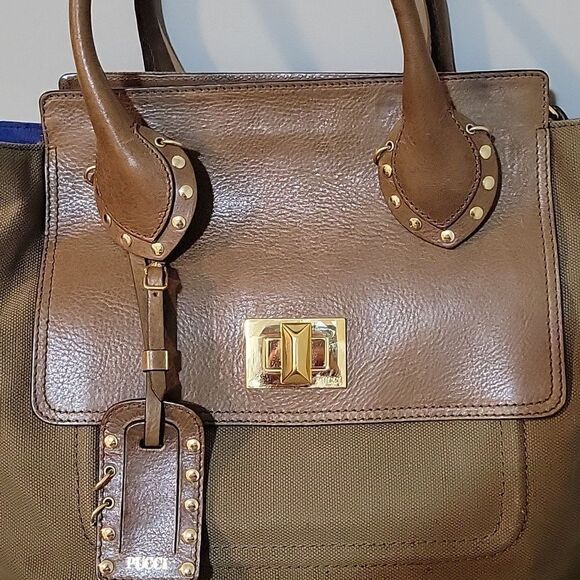 Emilio Pucci City Marquise Bag Studded Handle Leather and Canvas Handbag Satchel - Picture 12 of 17